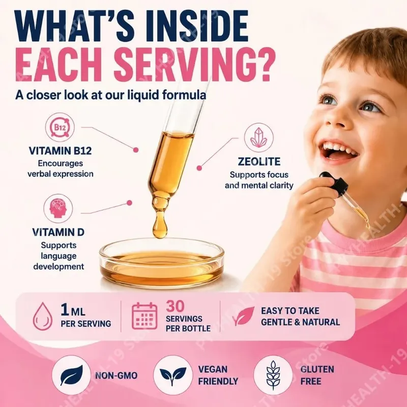 Googeer Little Speakers Liquid Supplement Vitamin B12 D3 Zeolite For Verbal Expression Language & Focus Support Kids 30ml