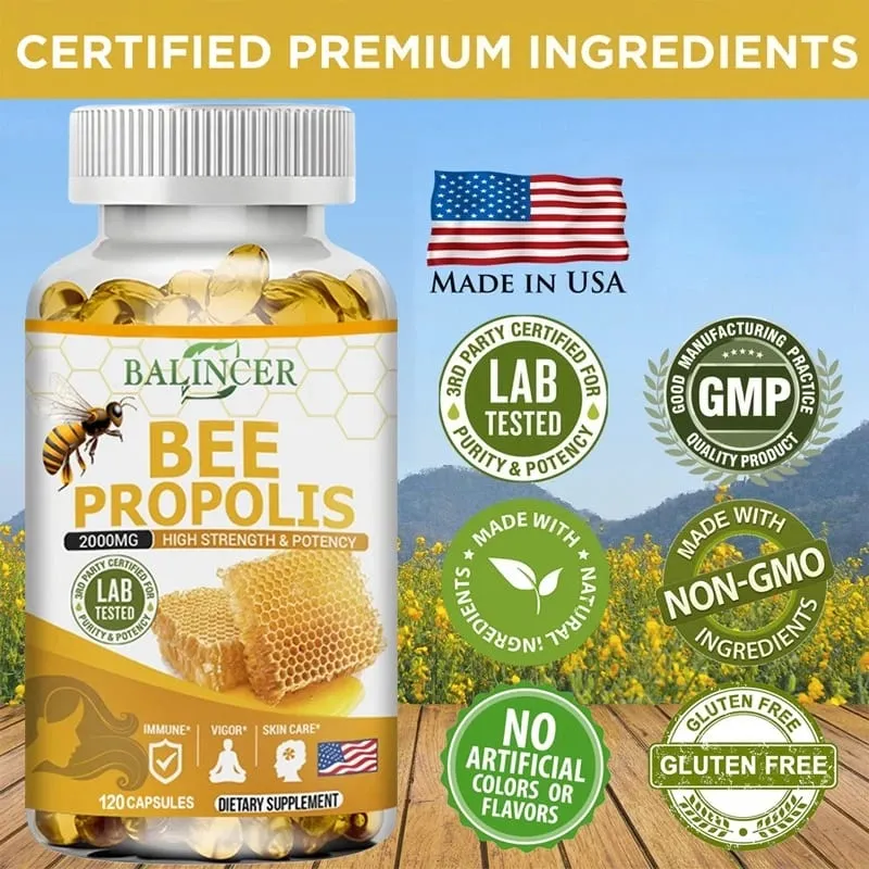 Natural Bee Propolis Capsules - Relieves Joint Pain and Stiffness Promotes Bone Health for Immunity and Anti-oxidation