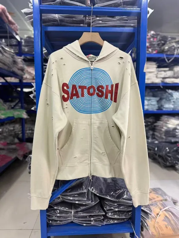 New Arrival Satoshi Zip Hoodie Destroyed Hole Design Loose Cotton Casual Outdoor Jacket Tops — image 3