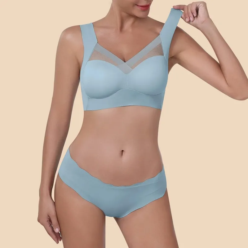 Women Seamless Underwear Set Wireless Ice Silk Thin Back Beauty T Shirt Bra And Smooth Panty Set Solid Color Lingerie Suits