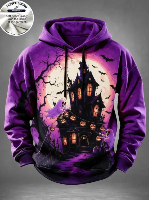 Englisch: Halloween Haunted House Ghost Pumpkin Bat Print Hoodie Herren Fleece gefüttertes POD Sweatshirt Lässiger Langarmpullover