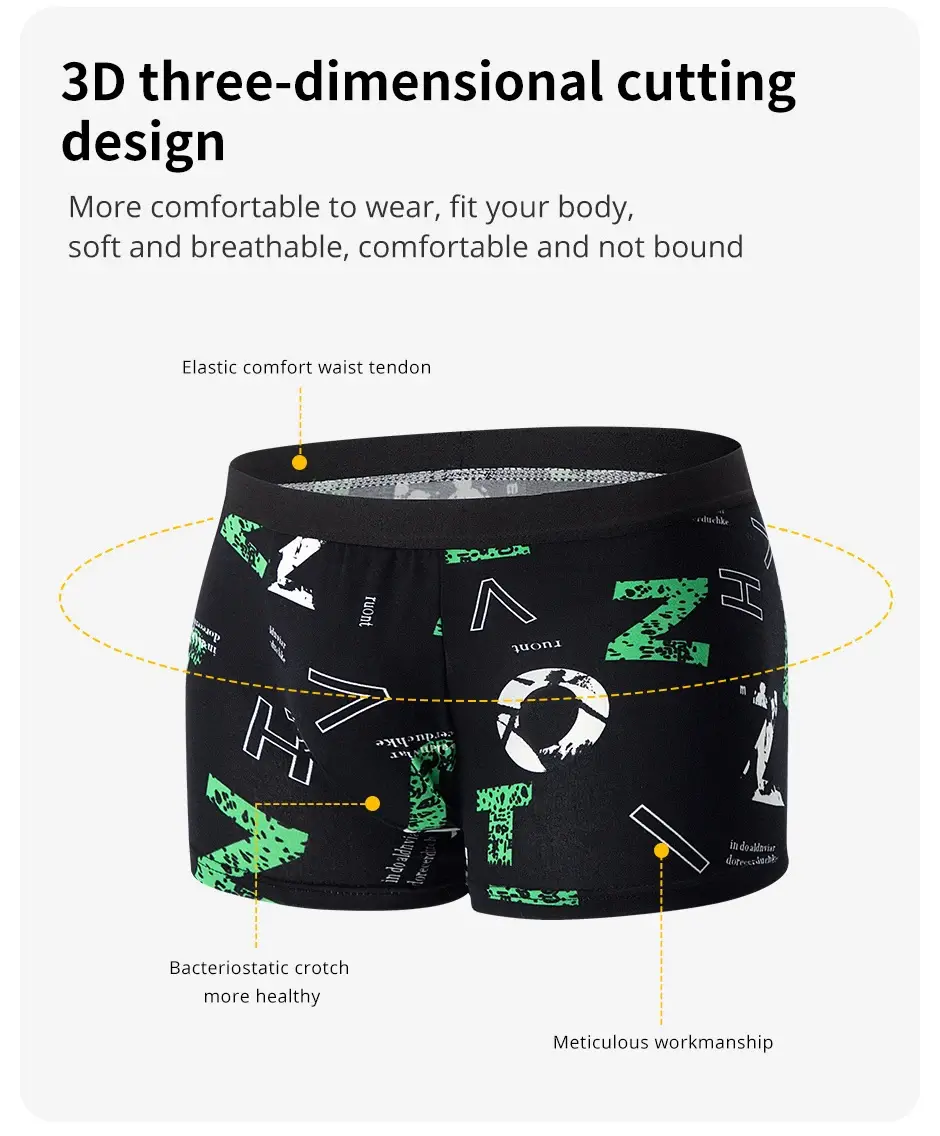 Sous-vêtements imprimés MODE HOMMES 4 pièces Boxers respirants à l'entrejambe pour adolescents Sous-vêtements confortables grande taille jusqu'à 6XL.