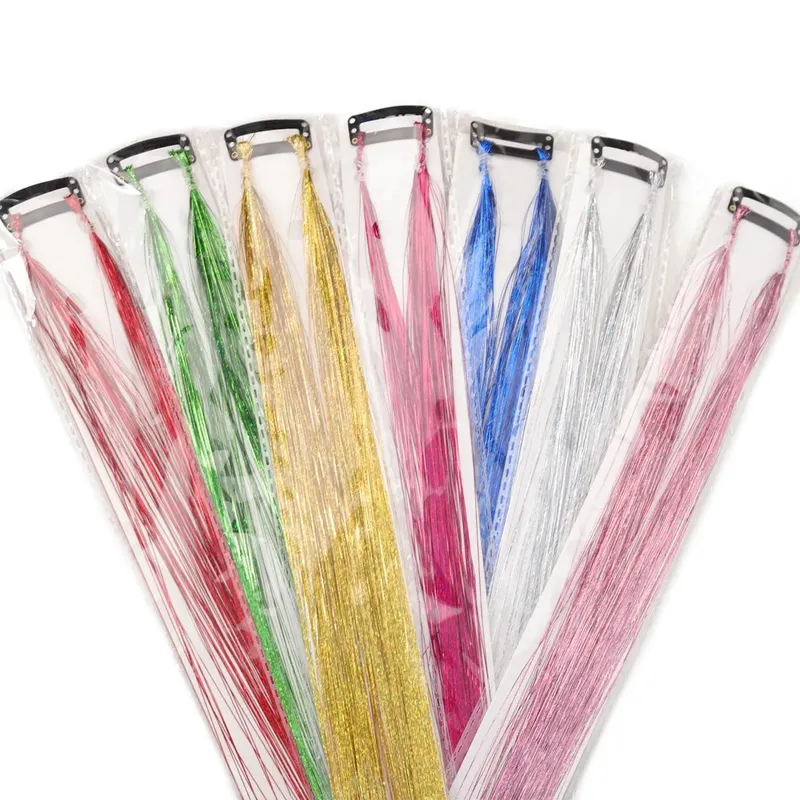 24 inch 1Pcs Colored Hair Extensions with Tinsel Long Straight Hairpiece Color Party Highlights Clip in Synthetic Hair Extension