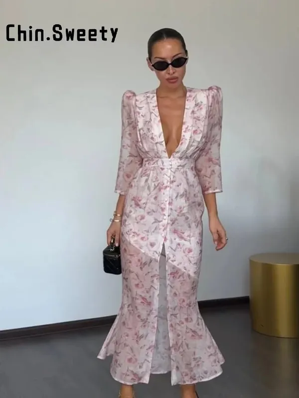 Elegante impresso vestido feminino organza profundo decote em v meia manga cintura cinched vestidos plissados ​​2026 verão senhora festa de férias robe