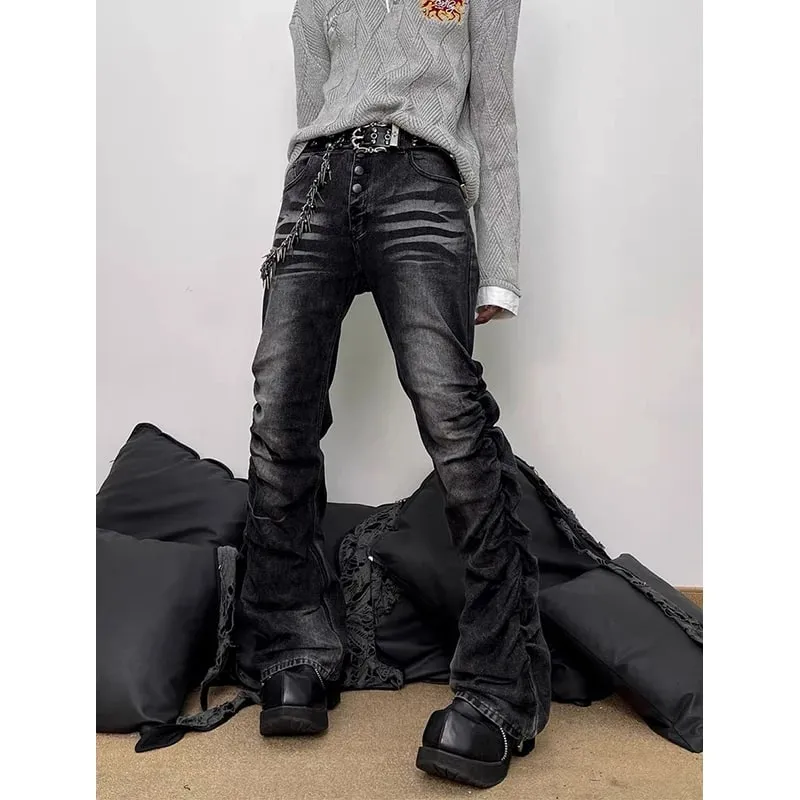 Spring Men's Flare Cargo Jeans Black Harajuku Japanese Low Rise Denim Pants Abi Y2k Bell Bottom American Retro Gyaru Bootcut New