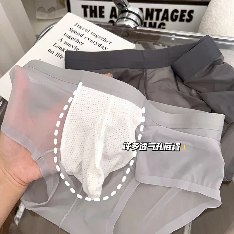 Slips transparents pour hommes Ultra-mince en soie glacée culotte à séchage rapide Sexy U poche bombée sous-vêtements pour hommes caleçons respirants Cuecas