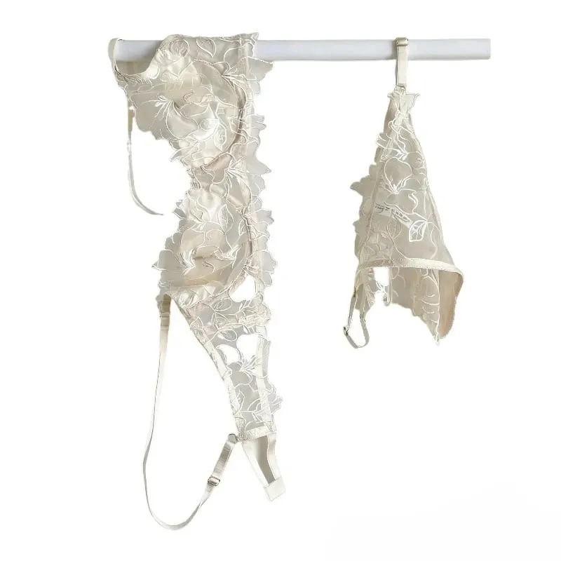 Padded Bra Set Small Bust | Lace Embroidered & Mesh Underwear Set with Soft Underwire Comfortable Demi Cup Sexy Tushy Panty PP