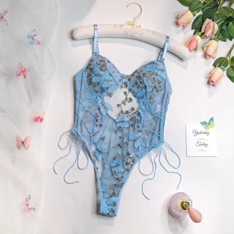 Hot Butterfly Embroidery Mesh Teddy Lace Up V Neck Backless ThongBodysuit Women's Sexy Lingerie & Underwear
