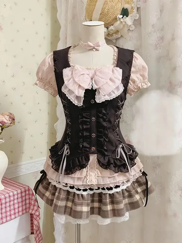 Sweet Dresses 3Piece Set Y2k 90s Crop Top Kawaii Sexy Harajuku Japanese Sling+Top+Mini Skirt lace Slim Summer Fashion Dress Chic