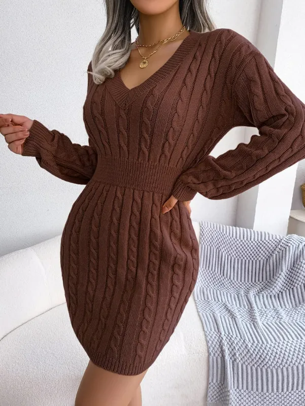 VigoCasey 2026 V Neck Casual Short Knit Dress Autumn Winter Women Solid Long Sleeve Dress Lady Khaki Bodycon Knitted Dresses