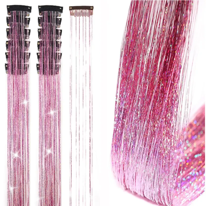 6Pcs Hair Tinsel Clip in 19.6Inch Glitter Synthetic Tinsel Hair Clip in Hair Tinsel Kit Heat Resistant Shiny Sparkle Fairy Hair