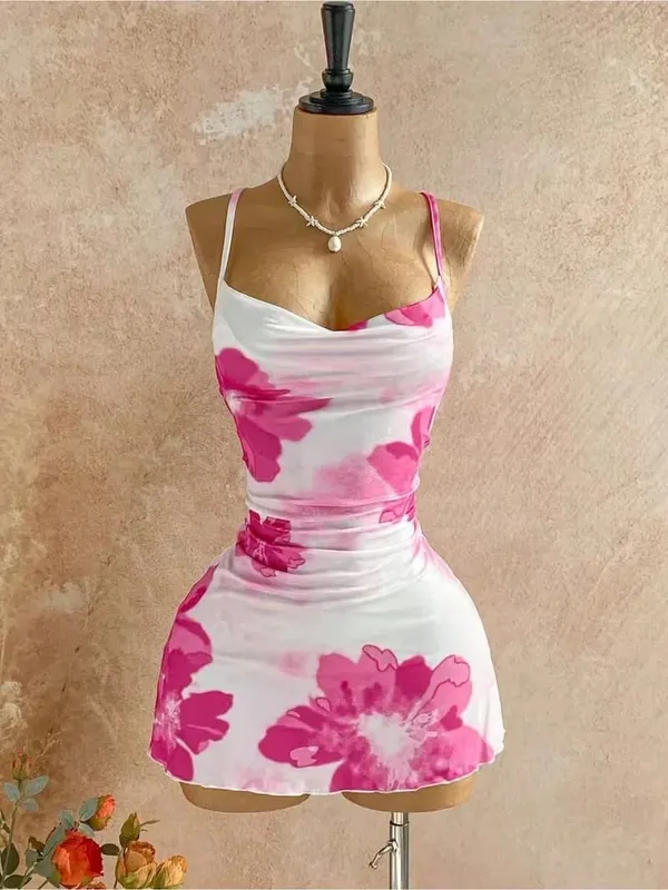 Women Thin Strap Cowl Neck Pink Floral Print Side Ruched Ruffle Hem Mini Bodycon Dress 2026 Summer Tropical Beach Y2K Going Out