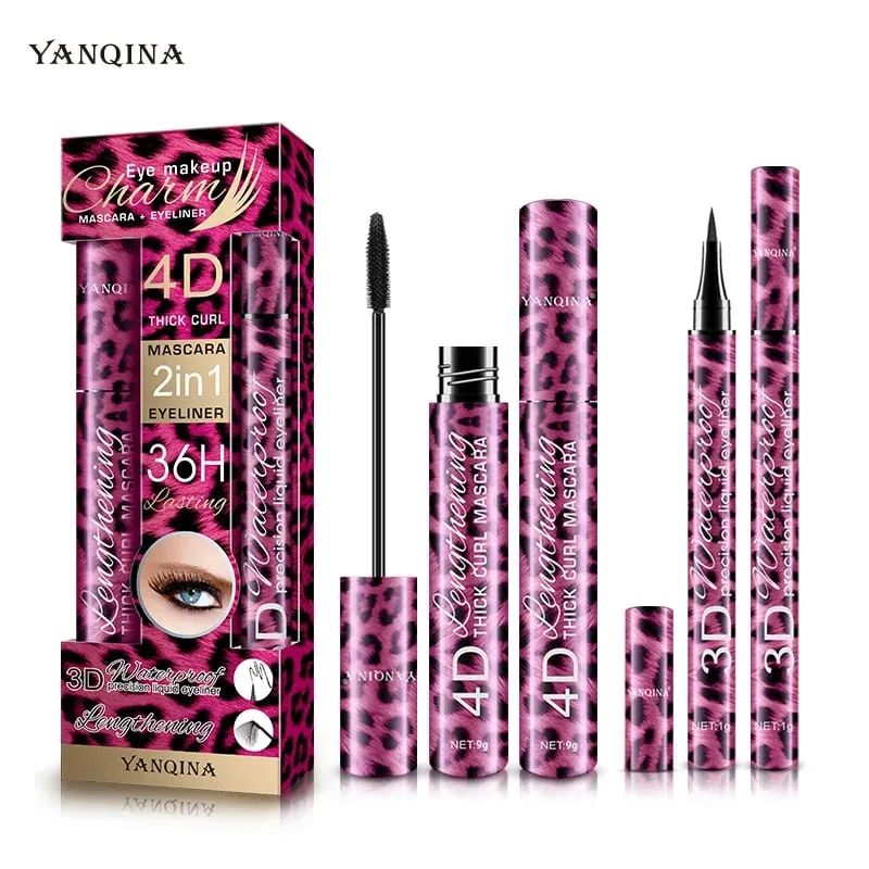 4D Waterproof Mascara & Liquid Eyeliner Set Thick Curling Eye Makeup Cosmetic Kit For Beginners