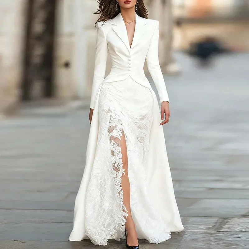 Autumn Women's Lapel Button Top and Skirt Two Piece Set Lace Patchwork Slim Fit Party Suit Elegant Solid Formal Occasion Outfit — image 4