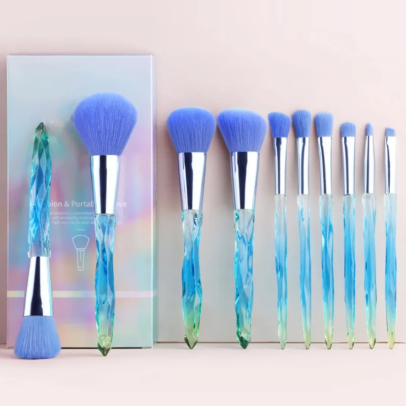 10Pcs Shiny Crystal Handle Makeup Brush Set with Case Round Loose Powder Brush & Flat Foundation Brush for Eye Makeup