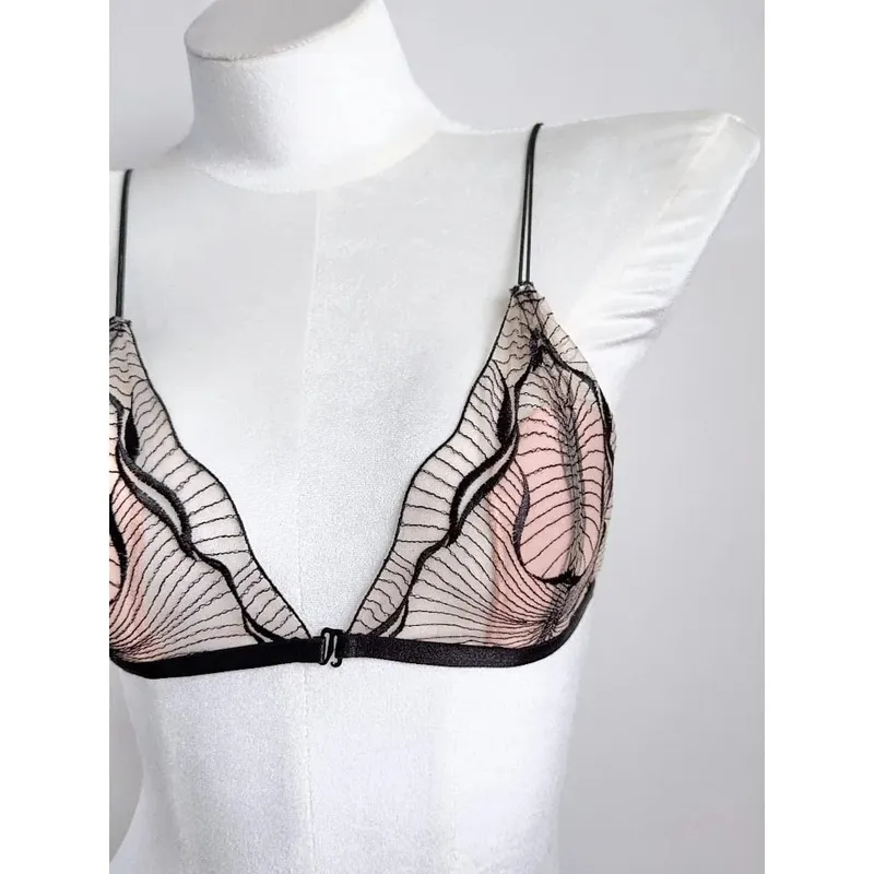 Premium French Triangle Cup Lace Wireless Bra Set Ultra Thin Thin Strap Soft Sexy Backless Lingerie 32‑38 A-B CUP Set