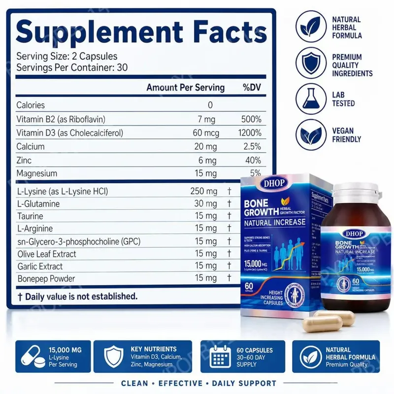 Bone Growth Natural Increase Capsules with L-Lysine Vitamin D3 Calcium & Zinc; Supports Strong Bones & Teeth 60 Capsules — image 2