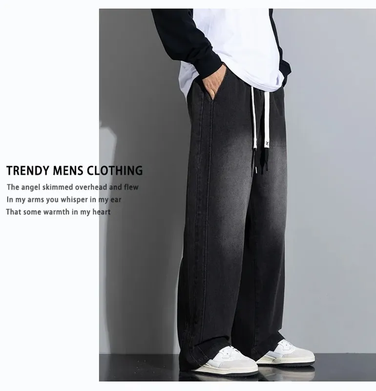 Spring New Wide Jeans Men Straight Vintage Drawstring Trousers Loose Pants Casual Solid Color Fashion Pants Big Size