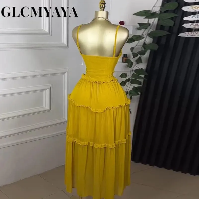 Women Strap Sleeveless Ruffles A-line Midi Maxi Long Dress 2025 Summer Beach Holiday Vacation Vestidos Dresses
