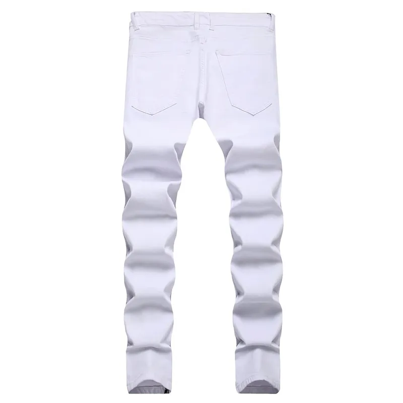 Men Painted Stretch Denim Jeans Zippers Buttons Fly Biker Pants Streetwear White Slim Tapered Trousers