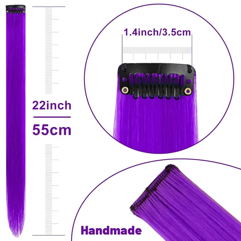 5PC/22 inch Color Hair Extensions Highlights Clip in Synthetic Hair Purple Hairpieces for Women Kids Halloween Cosplay Gift