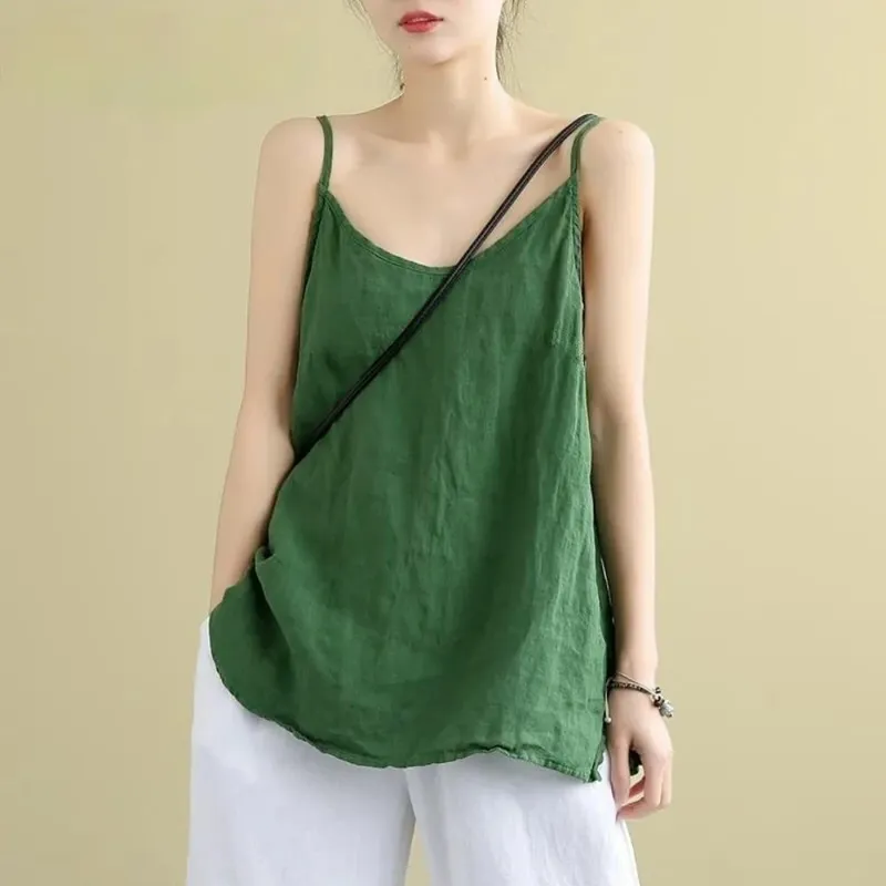 Basic Cotton Linen Spaghetti Strap Top V Neck Sleeveless Sleeveless Tank Top Loose Fit Breathable Camis Top Summer Wear
