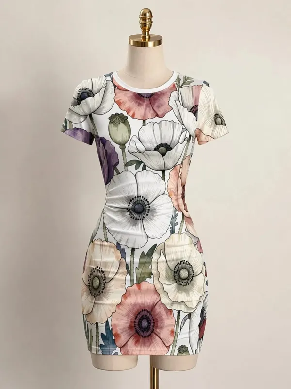 Womens Short Sleeve Bodycon Mini Dress Slim Fit Crew Neck Floral Print Casual Summer Party Cute Modern Holiday Vacation Sundress — image 11