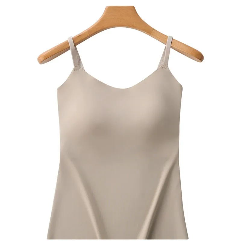 Fashion V-Neck Ice Silk Seamless One-piece Bottoming Tank Tops With Chest Pads Women Inner Top Beautiful Back Sling Long Vest