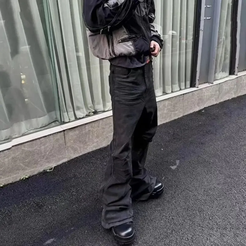 American Retro Heavy Industry High Street Coated Micro-Flared Jeans for Men Black Gothic Vintage Casual Loose Jeans Autumn New
