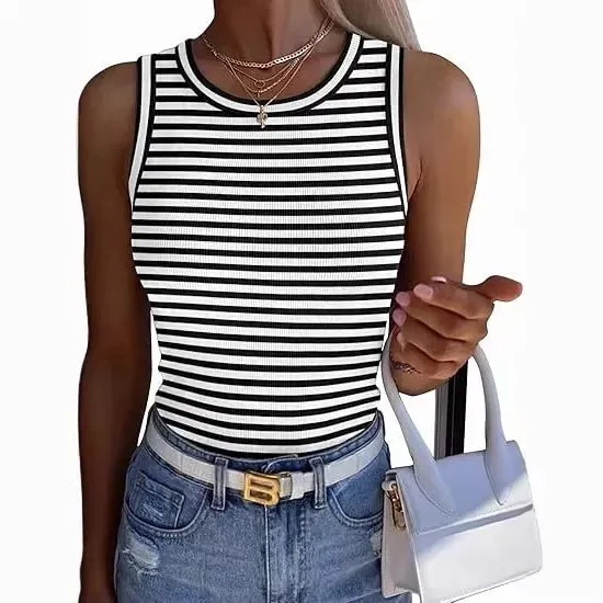 Women Striped Ribbed Tank Top 2026 Summer Casual Sleeveless Round Neck Slim Fit Vest Female Daily Streetwear Basic Undershirt