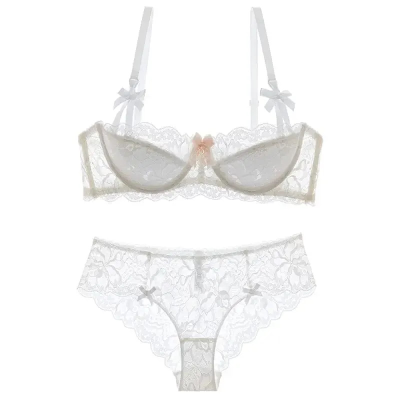 セクシー French Lace Half Cup Bra Set Bow Shoulder Strap Thin Large Bust Minimizer Pure Desire Lingerie For Teen Girls Daily Outfit