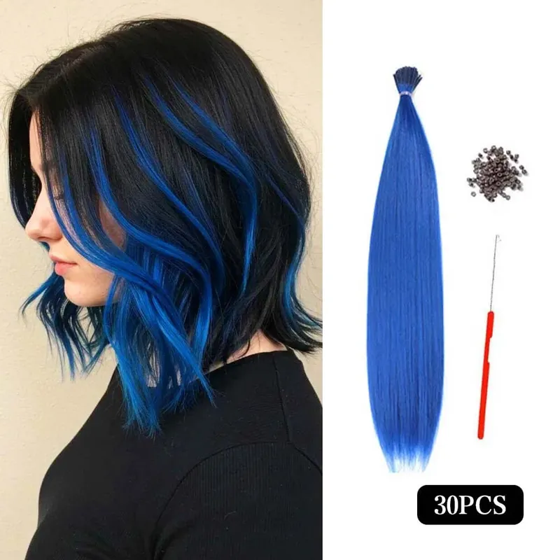 30 Stück farbige Haarverlängerung 16-Zoll-I-Tip-Synthetikverlängerungen. Dieses lange Set für Damen enthält Perlen und ein Häkelwerkzeug