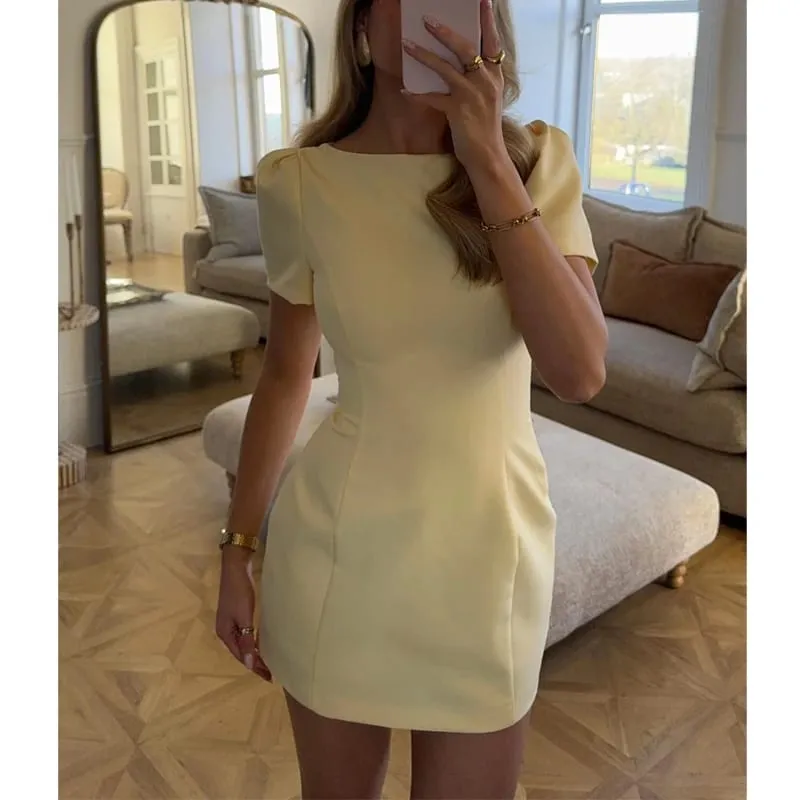 2026 Pleated Short Dresses for Women Yellow Holiday Women's Dresses Elegant Party Dresses Woman Short Sleeve Formal Dress