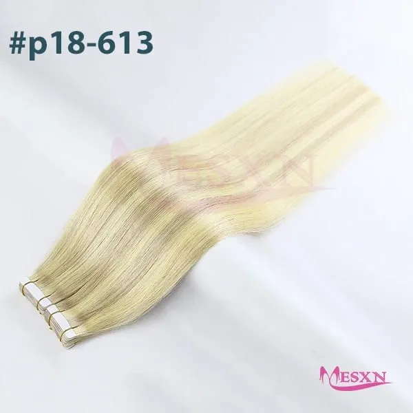 Tape In Hair Extensions 100% Real Human Hair Tape Weft InsInvisible Soft 16"-24" Brown Blonde 613 For Salon
