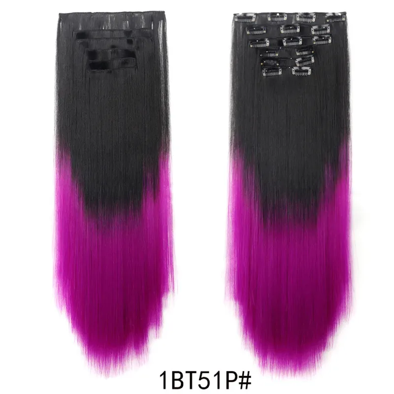 6Pcs 24 inch Ombre Color Clip-in Hair Extensions Long Synthetic Straight Hairpieces Layered Soft Invisible Clip Ins Extensions