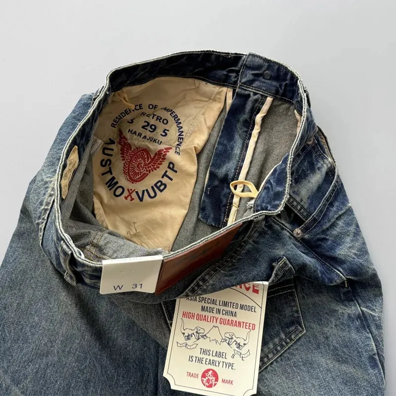 2026 Spring New Arrival Light Blue Straight-Leg Denim Jeans for Men American Retro Washed Blue Denim with Whisker Effect Pants