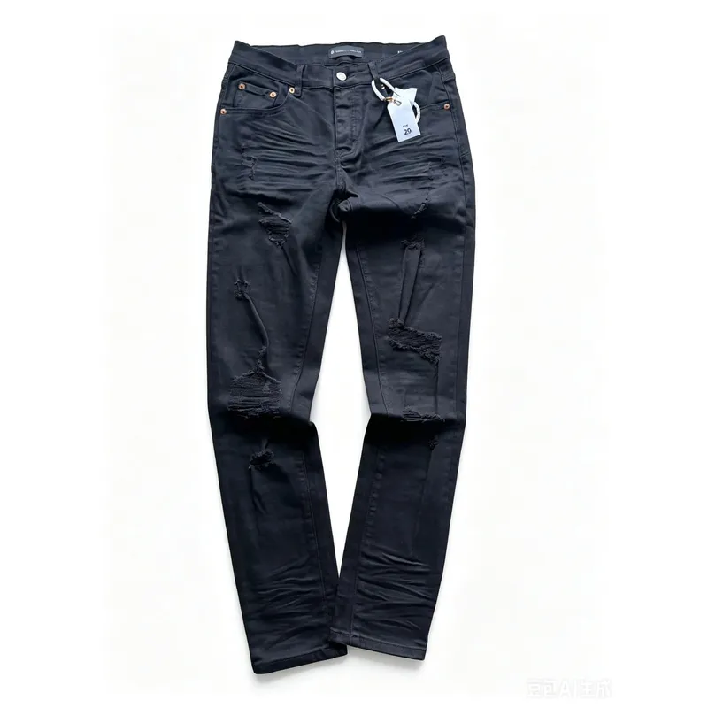 Men's High Street American Fashion Style Jeans Distressed Black Damaged Holes Stretch Skinny Button Fly Ripped Jeans