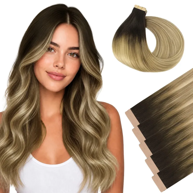 Sunmofavo Invisible Tape In Hair Extensions Seamless Full Thick Silky Straight Ombre Walnut Brown 10Pcs 100% Remy Human Hair