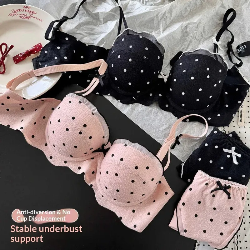 Lace Polka Dot Bra Two-Piece Set Small Bust Gathering Anti-Sagging Side Breast Collection Comfortable Wire-Free Lingerie Set — image 3