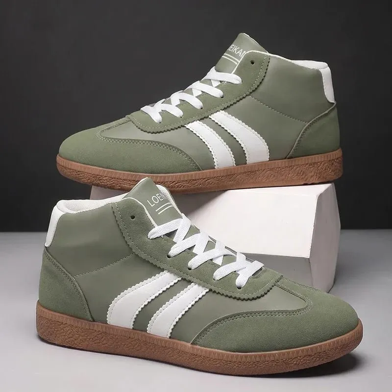 Unisex High Top Retro Sneakers Striped Patchwork Lace‑up Soft Rubber Sole Daily Casual Board Shoes for Men Women