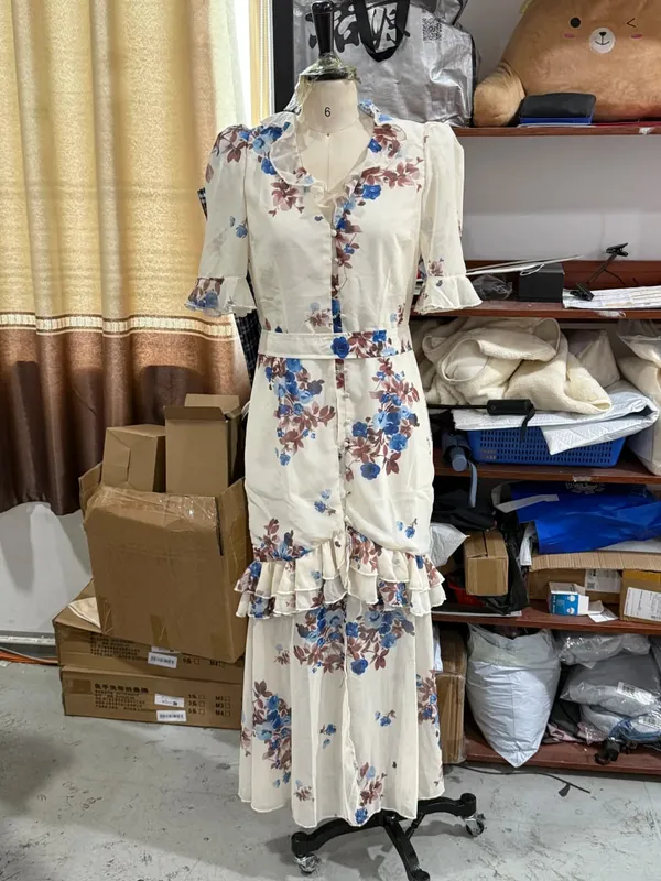 Women Floral Print Chiffon Maxi Dress Romantic Deep V-neck Flutter Sleeve High Low Lace Trim Dress 2026 Summer Elegant Lady Gown