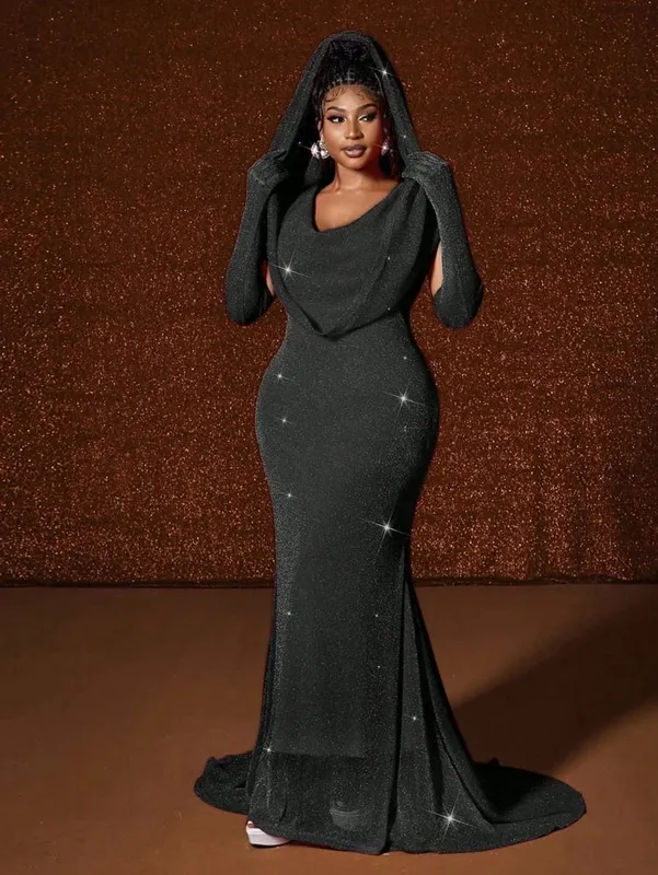 Plus Size Hat Sexy Waistband Hot Gold Fish Tail Swing Long Solid Colour Fishtail Slim Package Hip Dress Hooded