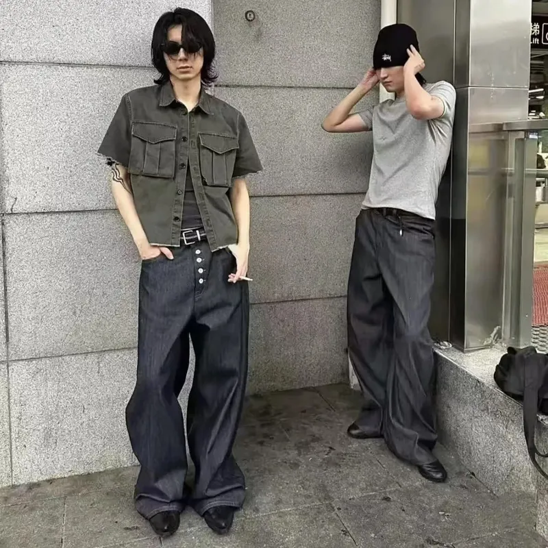 Button Design Machete Denim Baggy Jeans Men's High Street Edge Selvedge Niched Hiphop Loose Long Wide Leg Pants 12377 — image 3
