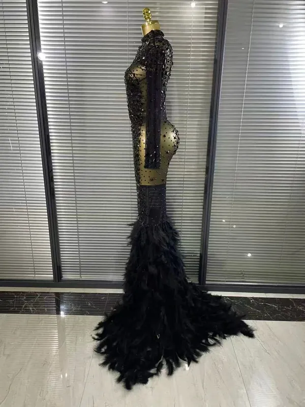 Black Red Women Long Sleeve Sexy Sparkly Crystal Mesh See Through Feathers Floor-length Mermaid Dress Evening Party Prom Outfit — image 3