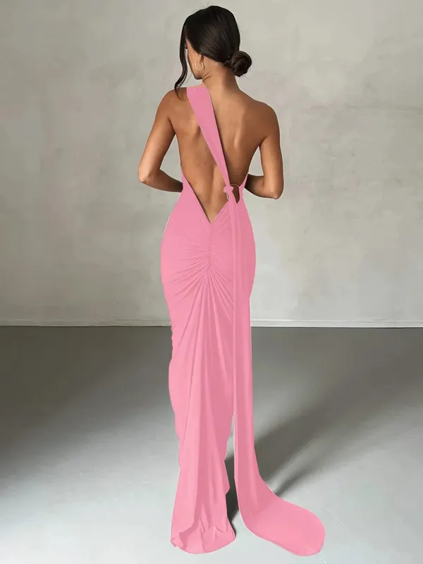 Hugcitar Eine Schulter, rückenfrei, verstellbar, mit Schal, Schleife, gerafft, sexy Maxikleid, 2025, Damen, elegantes Y2K-Streetwear-Festival-Outfit