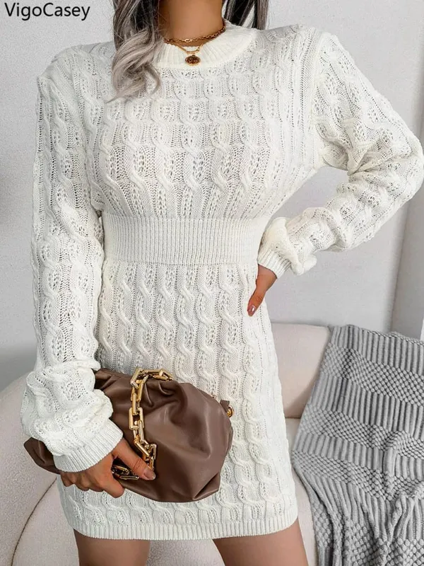 VigoCasey 2026 Autumn Winter Casual Knit Dress Women Solid Long Sleeve Short Dress Lady White O Neck Bodycon Knitted Dresses
