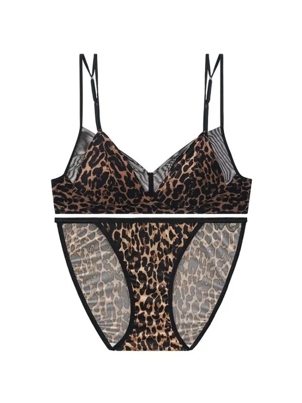 Popular Leopard Pattern Bralette Set Wire Free Soft Padded Small Breast Lift French Minimalist Women Everyday Lingerie 32A-38BC