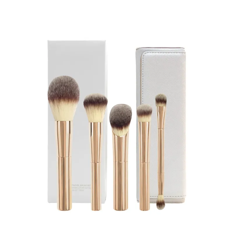 5 In 1 Travel Makeup Brush Set Soft Synthetic Bristles Face Eye Blush Shadow Brushes Portable Leather Pouch Gift Ready Cosmetic