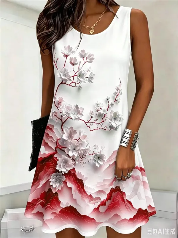 Flower Pattern Women Mini Dresses Summer Sleeveless 3D Floral Printed Street Style Ladies Dress 3XL Plus Size Loose Casual Dress — image 5