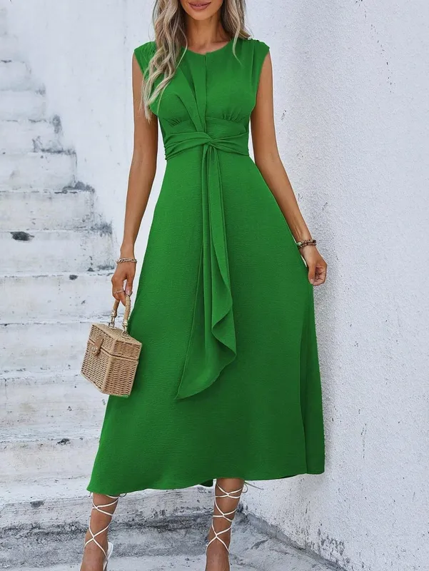 Women's Solid Color A-Line Dress Sleeveless Front Thin Straps Elegant Belted Midi Dress for Summer — image 4